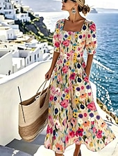 cheap Floral Dress-Women's Midi Dress A Line Dress Vacation Beach Holiday Regular Fit Floral Graphic Half Sleeve Square Neck Light Pink Pink Beige Summer Spring