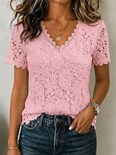  Women's Lace Tops Patchwork Eyelet Lace Trim Elegant Short Sleeve V Neck Casual Blue White Black Pink Red Summer Fall