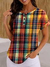  Mujer Camiseta Bloque de Color Estampado Graphic Geométrico Plaid Vintage Elegante Clásico Manga Corta Cuello Barco Tops largos Casual Diario Azul Piscina Rosa Naranja Verde Trébol Verano Primavera