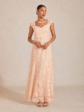 Недорогие Цветочное платье-Women's Maxi Dress Sheath Dress Trumpet Mermaid Dress Lace Embroidered Sequins Elegant Wedding Guest Cocktail Party Floral Short Sleeve V Neck Pink Summer Spring Fall