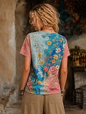 abordables Camiseta floral-Mujer Camiseta bohemia Tops de verano Floral Graphic Plantas Elegante Bohemia Vintage Manga Corta Escote en Pico Tops regulares Casual Diario Deportes Azul Piscina Rosa albaricoque Rosa Verano
