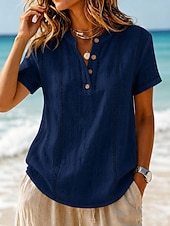 cheap Plain tee-Women's T Shirt Henley Shirt Tee Top Buttons Striped Fashion Short Sleeve Henley Long Tops Casual Beach Summer White Light Green Navy Blue Sky Blue Orange Summer Spring