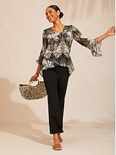 economico Bluse Floreali-Top in chiffon svolazzante con stampa floreale mandala verde.