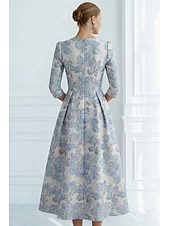  A-Line Tea Length Cocktail Dresses Party Dresses Elegant Vintage Short Sleeve V Neck Wedding Formal Jacquard with Bow(s) Pocket