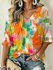 voordelige Kunst en Ontwerp Blouses-Dames Overhemd Ombre Grafisch Geometrisch Bohemen Vintage Modieus 3/4 mouw V-hals Normale tops Casual Dagelijks Uitgaan Geel Oranje Zomer Lente
