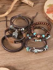 abordables Joyas para hombres-Conjunto de 6 pulseras boho de capas para hombre, con cuentas de madera. &amp;Pulseras de aleación con dije de cabeza de toro y pluma, joyería de estilo occidental para uso casual, viajes, festivales,