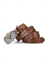 cheap Men's Belts-Men's Western Cowboy Belt, Vintage Embossed Faux Leather Belt for Men, Adjustable Length Country Style Waistband with Large Bull Skull Buckle, Retro Rodeo Jeans Accessory, Black Brown Colors