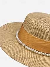 cheap Women's Hats-Women's Flat Top Straw Boater Hat, Pearl Trim Summer Sun Hat, Multiple Colors, Elegant Wide Brim Vacation Beach Hat for Travel, Resort, Garden Party &amp; Daily Wear