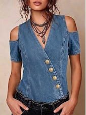  Blusa feminina estilo jeans patchwork, cor lisa, vintage, estilo western, manga curta, decote em V, modelo regular, ideal para o dia a dia, para sair, nas cores azul, preta e azul claro, perfeita para