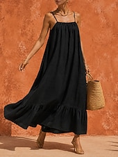  Per donna Abito maxi Abiti di lino Abito Boho Vintage Vacanza Vestibilità comoda Semplice Senza Maniche Spalline sottili Corallo Nero Estate