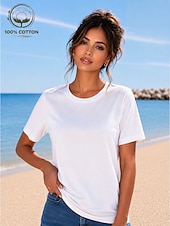 cheap Plain tee-Women's T Shirt Summer Tops Cotton Shirt Tee Top Solid Color Fashion Stylish Basic Short Sleeve Crew Neck Round Neck Regular Tops Casual Daily Beach Blue Khaki Indigo Green with beige Black Summer