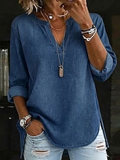  Women's Shirt Blouse denim-look Pullover Solid Color Elegant Vintage Daily 3/4 Length Sleeve V Neck Regular Tops Casual Dark Blue Spring