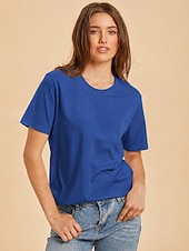cheap Plain tee-Women's T Shirt Cotton Shirt Tee Top Solid Color Fashion Stylish Basic Short Sleeve Crew Neck Regular Tops Casual Daily Going out Blue Khaki Black White Yellow Summer Spring