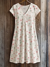  Women's Knee Length Dress Shift Dress T Shirt Dress Tee Dress Summer Dress Elegant Bohemia Vacation Beach Party Holiday Regular Fit Floral Star Tropical Short Sleeve V Neck White Maroon Red Rainbow