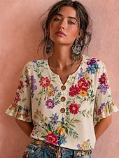 Women's Shirt Patchwork Buttons Print Floral Graphic Vintage Stylish Short Sleeve 3/4 Length Sleeve V Neck Long Tops Casual Daily Holiday Blue White Red Summer Spring