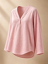 Недорогие Shirts-Women's Shirt Linen Shirts Blouse Solid Color Vintage Stylish Modern Long Sleeve V Neck Regular Tops Daily Holiday Going out White Pink Sky Blue Spring Fall