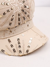 voordelige Dameshoeden-Zomerse pet met pailletten en sterrenmotief voor dames, gemaakt van ademend mesh. &amp;linnenmix, resort &amp;Platte reishoed, champagne goudbeige/wit/zwart, elegante dameshoed