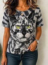 economico Maglietta Animali-Per donna Maglietta Blocco di colore Stampato Grafico Animale Gatto Vintage Elegante Classico Manica Corta Girocollo Top lunghi Casuale Quotidiano Nero Rosso Marrone Verde Estate Primavera