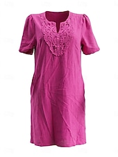  Dames Knielengte jurk Boho-jurk Kanten jurk Elegant Dagelijks Ruim Passend Effen Korte mouw V-hals Licht Blauw gebroken wit Paars Donkerblauw Zomer