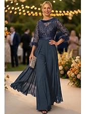 economico Tute della mamma-Tuta Completo Pantalone Lunghezza al pavimento Abito da cerimonia per signora Mezza Manica Collo gioiello Elegante Vintage Ospite di nozze Chiesa Chiffon con Piuma Paillettes Applicazioni