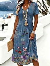 abordables Robes fleuries-Femmes Robe Longueur Genou Robe T-Shirt Robe trapèze Vacances Occasionnel Boho Plage Coupe régulière Fleuri Graphique Manche Courte Col en V Bleu Blanche Violet Été Printemps