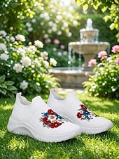  Pantofi sport fără mâneci pentru femei, albi, cu imprimeu floral – pantofi sport respirabili, confortabili, tricotați, cu absorbție ușoară a șocurilor și suport pe tot parcursul zilei, pentru