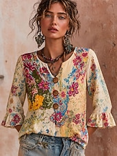 baratos Blusas Florais-Mulheres Camisa Social Patchwork Botões Imprimir Floral Gráfico Vintage à moda Manga Curta Manga 3/4 Decote V Tops regulares Casual Diário Feriado Azul Branco Rosa Verão Primavera