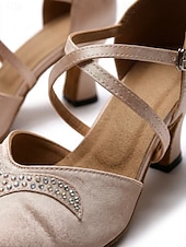 abordables Ballroom Shoes &amp; Modern Dance Shoes-Women's Light Pink Rhinestone Satin Ballroom Dance Shoes – Closed Toe Dance Heels with Crystal Accents &amp; with Cross Straps for Waltz, Foxtrot, Tango &amp; Social Dancing