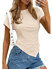 baratos Blusas Simples-Mulheres Camisa Social Blusa Franzido Côr Sólida Roupa de rua Diário Manga Curta Gola Redonda Tops curtos Casual Azul Claro Preto Branco Rosa Marron Verão Primavera