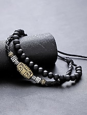 preiswerte Heren sieraden-Men's Bohemian Necklace and Bracelet Set, Black Leather Beaded Jewelry, Antique Metal Accents, Summer Casual Accessory for Men, Perfect for Vacation, Festival, Daily Wear, Multiple Uses