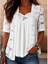 voordelige Kant Tops-Dames Overhemd Oogje top Boho-shirt Kanten overhemd Kant Ombre Bloemig Grafisch Elegant Bohemen Vakantie Korte mouw V-hals Croptops Casual Wit Zomer Lente