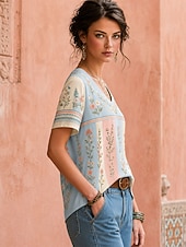 economico T-shirt floreale-Per donna Maglietta bohémien Top estivi Floreale Grafico Piante Elegante Bohemien Vintage Manica Corta Scollo a V Top Regolari Casuale Quotidiano Sportivo Blu Bianco / Rosa Albicocca rosa Estate