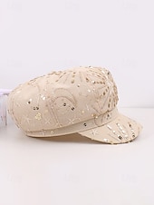 voordelige Dameshoeden-Zomerse pet met pailletten en sterrenmotief voor dames, gemaakt van ademend mesh. &amp;linnenmix, resort &amp;Platte reishoed, champagne goudbeige/wit/zwart, elegante dameshoed