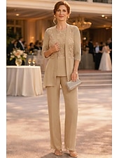cheap Mom's Pant Suits-Pantsuit Ankle Length Mother of the Bride Dress Half Sleeve Crew Neck Elegant Vintage Formal Wedding Guest with Solid Color