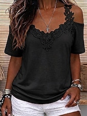  Women's Lace Tops Patchwork Plain Vintage Stylish Sexy Short Sleeve V Neck Regular Tops Casual Daily Going out White Black Pink Sky Blue Fall Winter