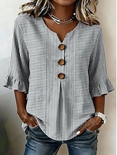 cheap Stripe&amp;Geometric Blouses-Women's Shirt Patchwork Buttons Print Graphic Striped Vintage Stylish 3/4 Length Sleeve V Neck Long Tops Casual Daily Holiday Purple Brown Grey Summer Spring