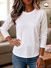  Per donna 100% cotone Maglietta Tinta unica Classico Casual Manica Lunga Girocollo Top Regolari Casuale Quotidiano Blu Bianco Nero Rosa Grigio chiaro Inverno Primavera, Autunno, Inverno, Estate