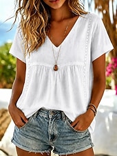 abordables Camisas-Mujer Camisa Camisas de algodón y lino Color sólido Plano Bohemia Vacaciones Vintage Sin Mangas Escote en Pico Tops regulares Casual Azul Piscina Blanco Amarillo Rosa Verano Primavera