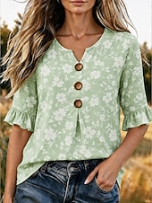 economico Bluse Floreali-Per donna Camicia Bottoni Stampato Floreale Grafico Vintage Elegante Manica 3/4 Scollo a V Top Regolari Casuale Quotidiano Ferie Rosa Rosso Verde Estate Primavera