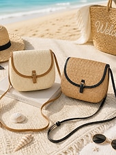 ieftine Genți de călătorie pentru vacanță-Geantă crossbody boemă pentru femei din paie, geantă de umăr țesută de vară cu curea de umăr reglabilă în culorile fildeș și kaki, geantă ușoară pentru vacanță, călătorii, brunch și purtare zilnică