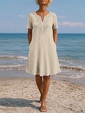  Dames Knielengte jurk Boho-jurk Kanten jurk Elegant Dagelijks Ruim Passend Effen Korte mouw V-hals Licht Blauw gebroken wit Paars Donkerblauw Zomer