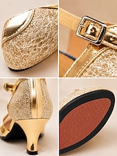 economico Scarpe da ballo di sala e danza moderna-Scarpe da ballo latino da donna con cinturino a T e glitter dorati, scarpe con tacco basso per balli da sala, salsa e tango.