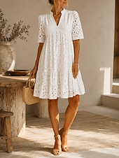 economico Vestito Semplice-Per donna Abito al ginocchio Abito ritagliato Elegante Quotidiano Vestibilità comoda Colore Puro Manica Corta Scollo a V Blu chiaro Nero Bianco Rosa Estate