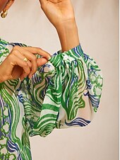お買い得  シャツ、トップス、ブラウス-抽象的なベルフラワーをモチーフにした、流れるようなシフォントップ