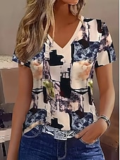 abordables Camiseta a rayas y geométrica-Mujer Camiseta Estampado Graphic Geométrico A Rayas Elegante Casual Manga Corta Escote en Pico Tops regulares Casual Diario Caqui Negro 1 # Negro Verano Primavera Otoño Invierno