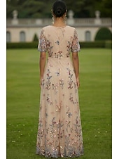 economico Lunghezza del pavimento-Linea ad A Abito Lunghezza al pavimento Vestito maxi Vestito da Festa Abito da Cocktail Abito da cerimonia per signora Manica Corta Scollo a V Elegante Vintage Lussuoso Formale Ospite di nozze Derby