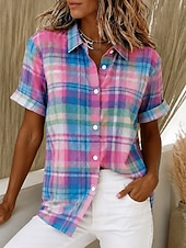 economico Bluse a righe e geometriche-Per donna Camicia Bottoni Stampato Grafico Plaid A righe Vintage Quotidiano Elegante Manica Corta Colletto a Camicia Top lunghi Casuale Quotidiano Rosa Verde Azzurro Estate Primavera