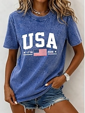  día de la independencia americana Mujer 100% Algodón Camiseta Tops lavados estilo vintage Estampado Graphic Bandera Elegante Básico Casual Manga Corta Cuello Barco Tops largos Casual Diario Azul