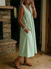 preiswerte Einfaches Kleid-Damen Midikleid Spitzenkleid Vintage Täglich Lässiger Schnitt Einfach Ärmellos V Ausschnitt Weiß Hellblau Schwarz Hellgrün Frühling