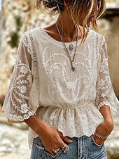  Women's Shirt Lace Shirt Blouse Lace Embroidered Solid Color Floral Graphic Elegant Stylish Casual Half Sleeve Batwing Sleeve Crew Neck Regular Tops Casual Daily Holiday Blue Khaki White Pink Grey